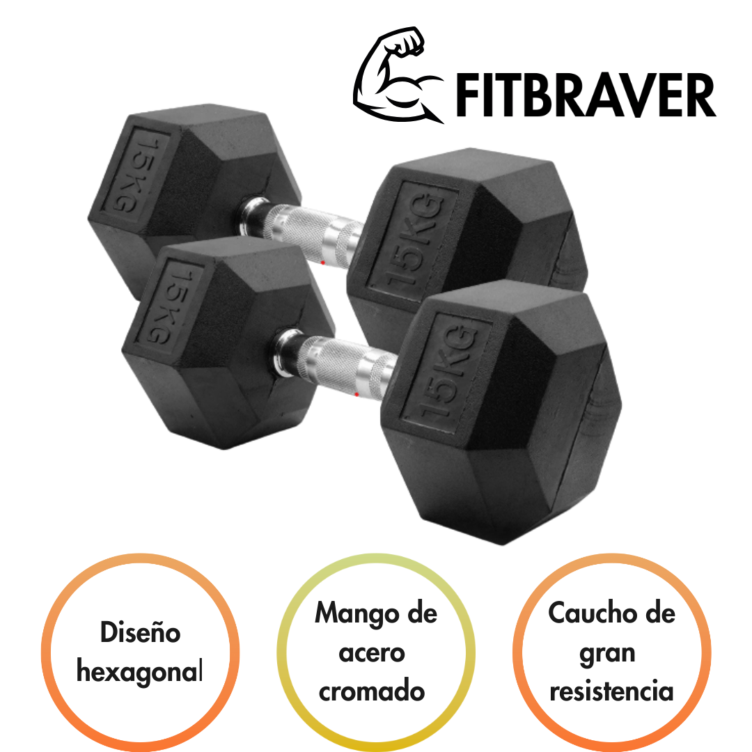 Mancuerna Hexagonal 15 Kg 1 Pieza Mancuerna Hexagonal Caucho Color Negro Fitbraver