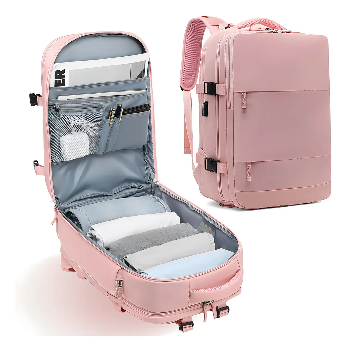 Mochila De Viaje Avión Gran Capacidad Color Rosado Diseño De La Tela Lisa