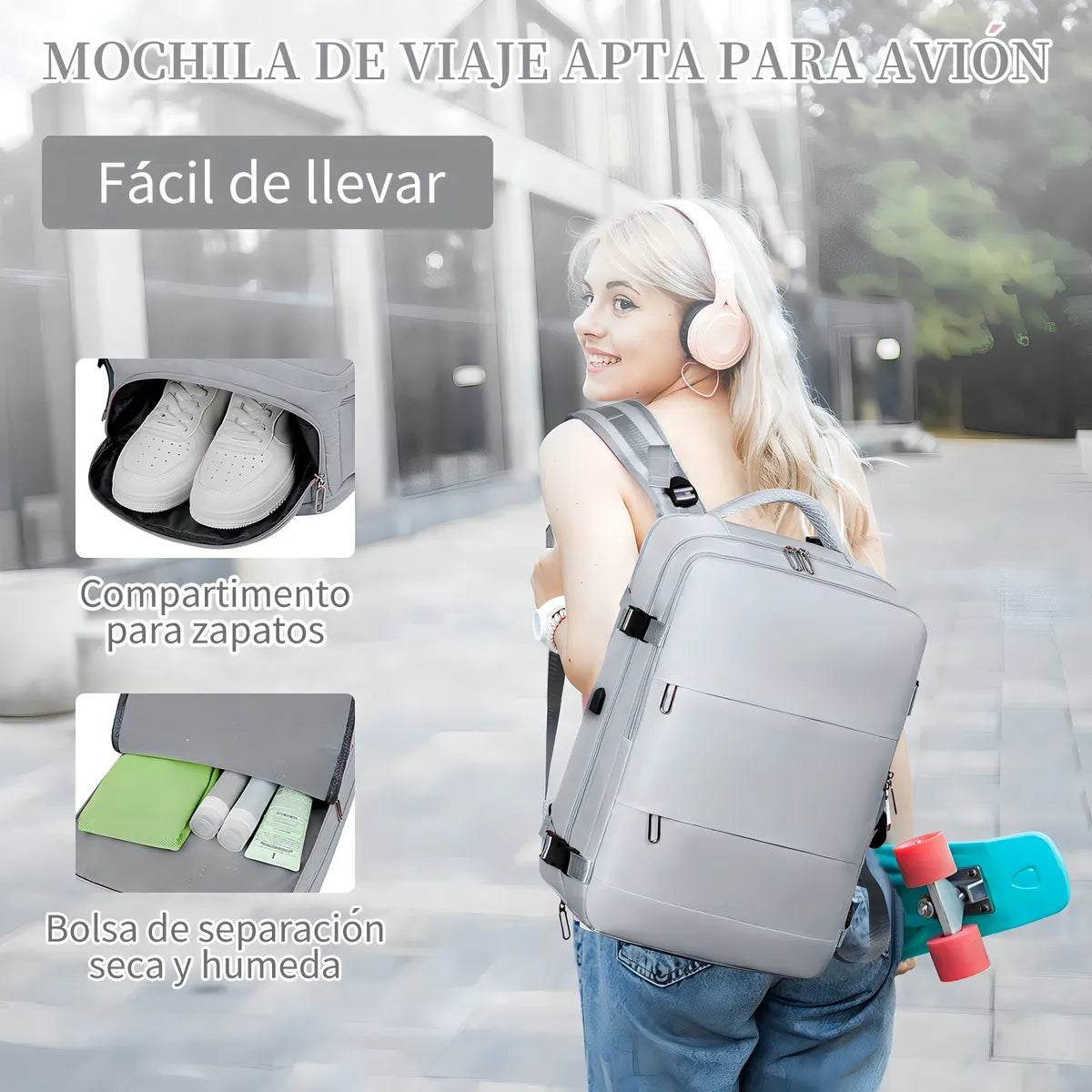 Mochila De Viaje Avión Gran Capacidad Color Gris Diseño De La Tela Lisa