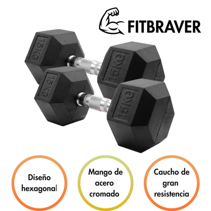 Mancuerna Hexagonal 15 Kg 1 Pieza Mancuerna Hexagonal Caucho Color Negro Fitbraver