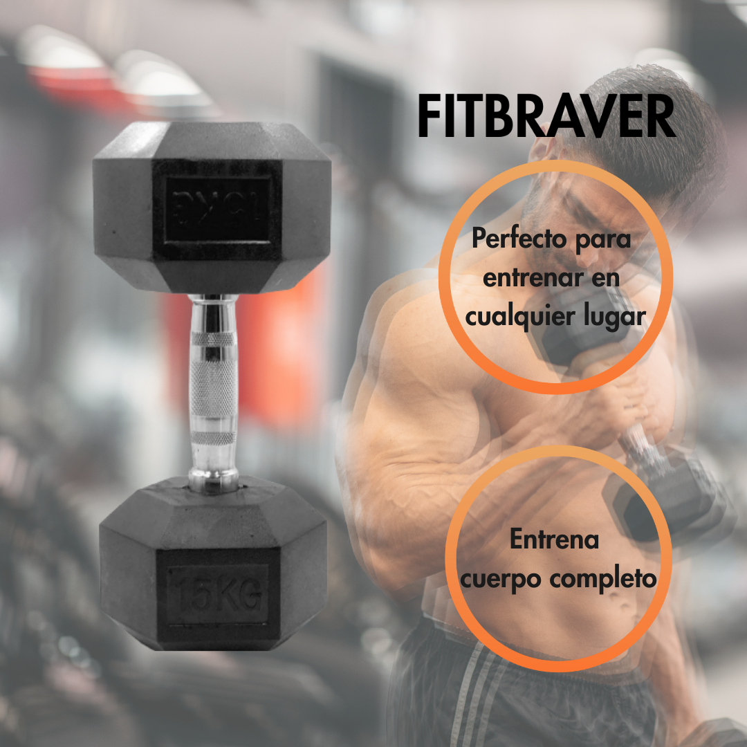 Mancuerna Hexagonal 15 Kg 1 Pieza Mancuerna Hexagonal Caucho Color Negro Fitbraver