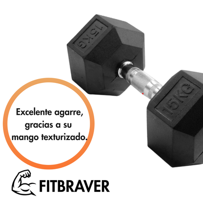 Mancuerna Hexagonal 15 Kg 1 Pieza Mancuerna Hexagonal Caucho Color Negro Fitbraver