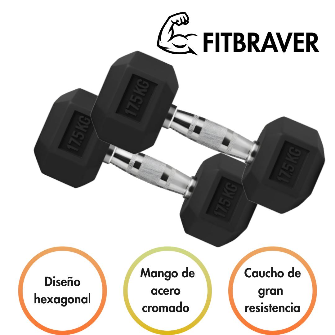 Mancuerna Hexagonal 17.5kg Acero Y Caucho Fitbraver