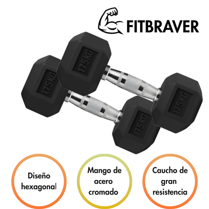 Mancuerna Hexagonal 17.5kg Acero Y Caucho Fitbraver