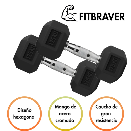 Mancuerna Hexagonal 17.5kg Acero Y Caucho Fitbraver