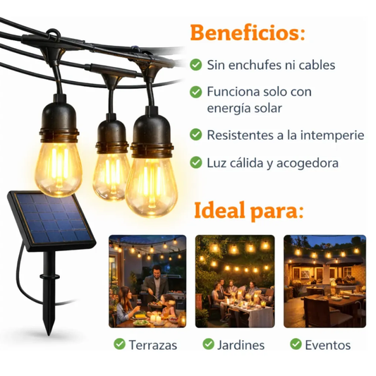 Guirnalda Solar 10 Metros 10 Ampolletas Resistente al Agua y Sol