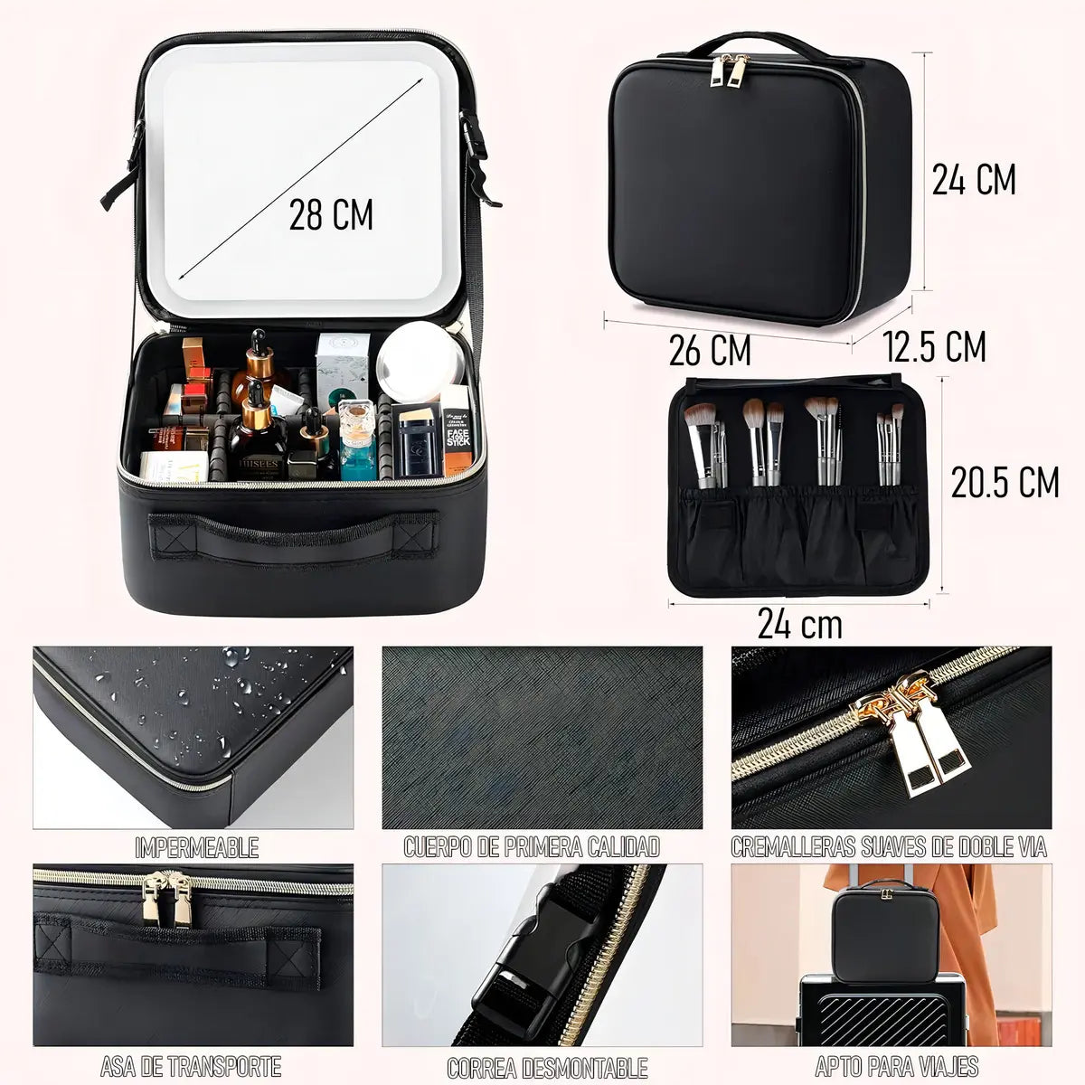 Cosmetiquero Con Espejo Organizador Led Impermeable Maquillaje