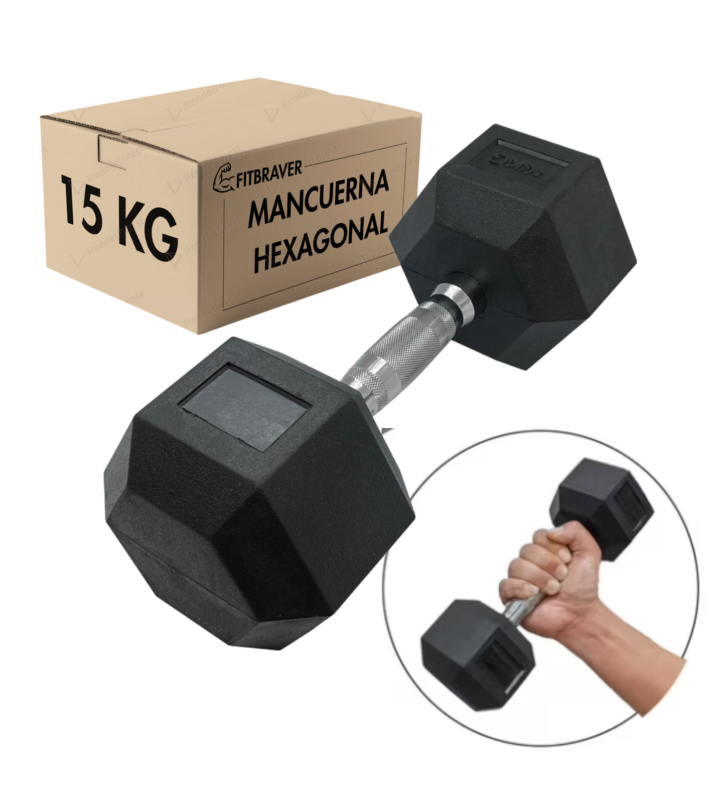 Mancuerna Hexagonal 15 Kg 1 Pieza Mancuerna Hexagonal Caucho Color Negro Fitbraver