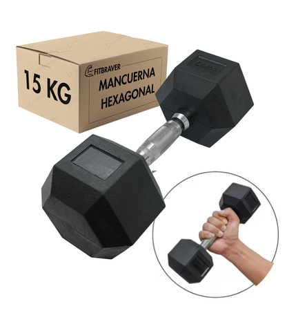 Mancuerna Hexagonal 15 Kg 1 Pieza Mancuerna Hexagonal Caucho Color Negro Fitbraver